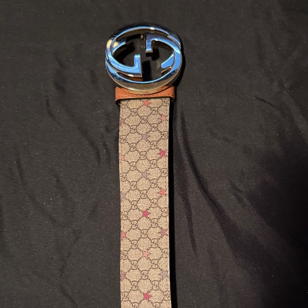 Gucci Beige Monogram Canvas Belt with Pink Star Accents and Silver GG Buckle